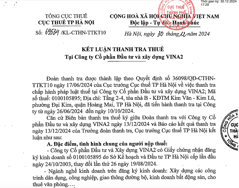 Cục thuế TP Hà Nội vừa công khai kết luận thanh tra thuế đối với Công ty cổ phần Đầu tư và xây dựng VINA2