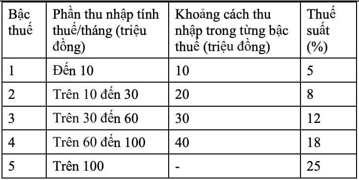 Phương án 1: Thu nhập tính thuế ở mức 100 triệu đồng, thuế suất tối đa là 25%. Đồng thời, thu hẹp mức thuế suất đối với các bậc thuế thấp.